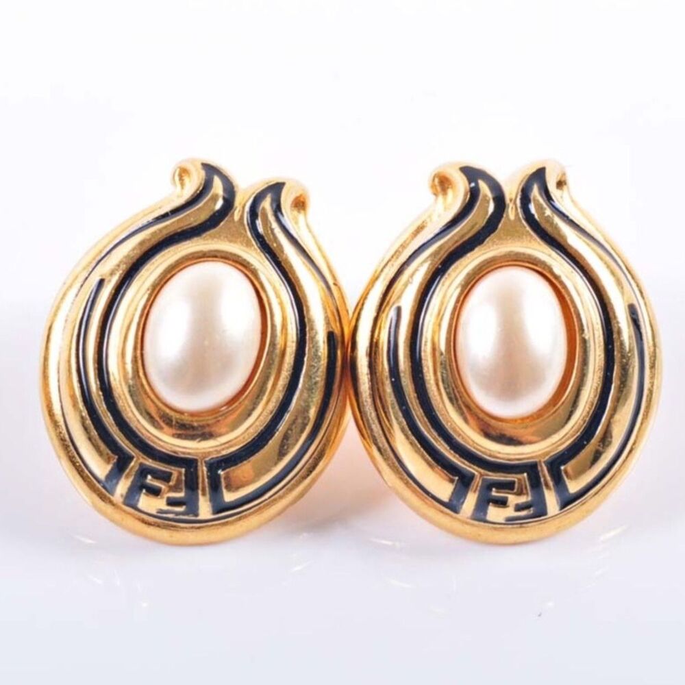 Authentic Vintage Fendi Art Deco Black Enamel & Faux Pearl Post Earrings